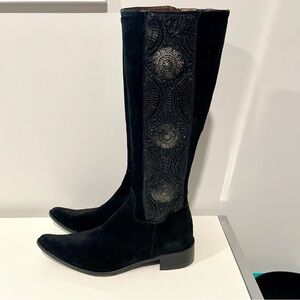 Rebecca Sanver Leather Suede Boots Metallic Accent Black Bohemian Size 39/US 8.5